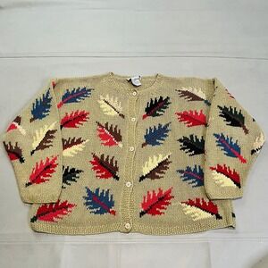 VTG 90s Y2K Talbots Women Cardigan Sweater Thick Heavy Leaf Khaki LP Peitte 4269